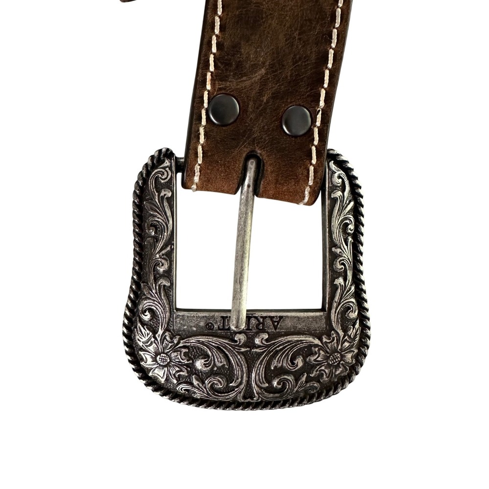 Ariat Mens Brown Leather Western Belt Medium Silver Engraved Buckle A1523402